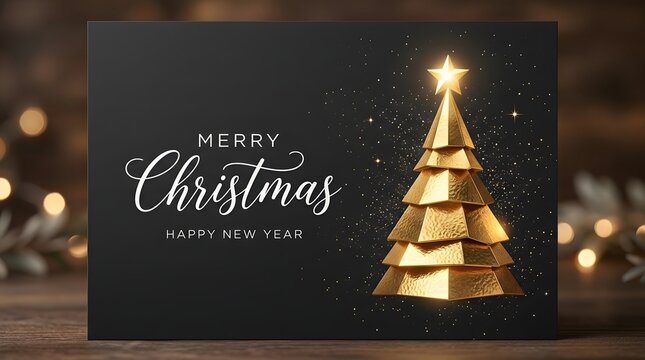 Elegant merry christmas greeting card featuring a glowing golden stylized christmas tree on a dark black textured background