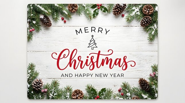 Merry christmas and happy new year greeting card design with pine branches and pinecones on white wooden background