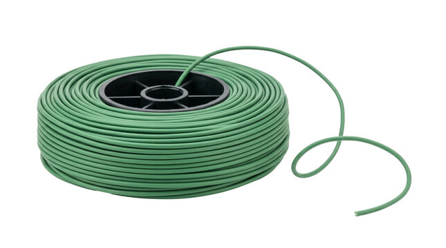 Green plastic coated garden wire neatly wrapped around a black circular spool on white background