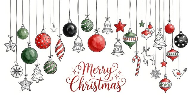 Watercolor illustration of hanging christmas ornaments and baubles with elegant hand written merry christmas festive holiday greeting text