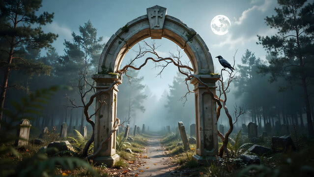 An ancient stone archway with a cross at the entrance of a misty graveyard under a full moon with a black raven perched on the stone gate