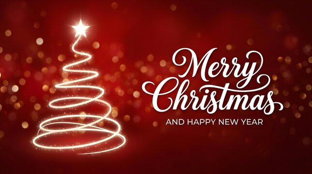 Abstract glowing spiral christmas tree design with merry christmas text on a festive dark red bokeh background