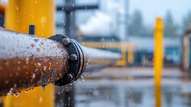 Industrial pipe with water droplets during a rain shower.