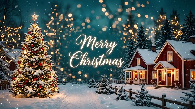 Beautiful festive christmas scene featuring a decorated pine tree and cozy wooden houses in a magical snowy winter landscape