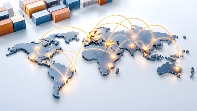 Worldwide international trade and logistics supply chain map with glowing connection nodes and cargo shipping containers