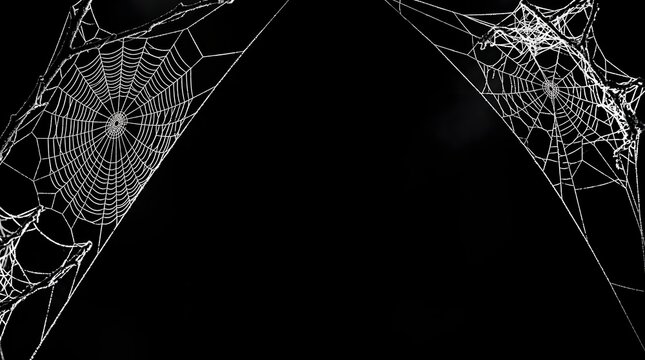 Intricate spider webs isolated on a deep black background