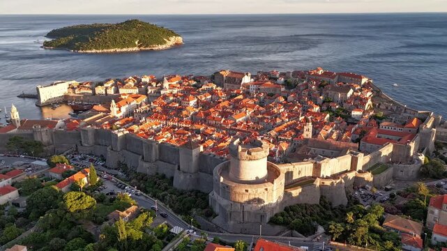 Dubrovnik old town timelapse aerial with Lokrum island and sea