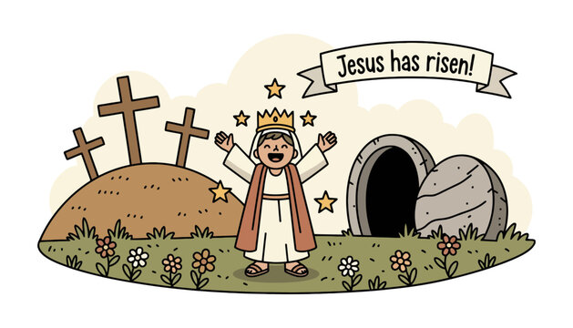 Jesus has risen cartoon illustration for religious easter celebration