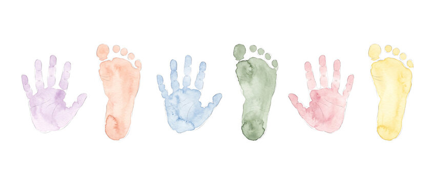 Baby footprint handprint watercolor collection featuring colorful pastel infant hand and footprints in a row isolated on white background for newborn shower invitations, nursery art, family memories