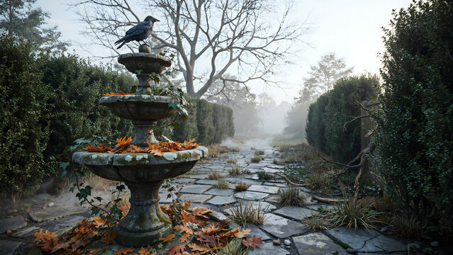 An old stone fountain with three tiers sits in a foggy garden path, adorned with fallen autumn leaves and a solitary black crow perched on