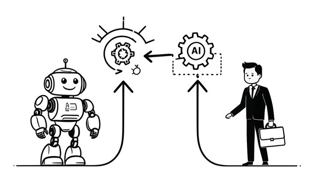 Businessman and AI robot collaboration automation and machine learning technology concept illustration
