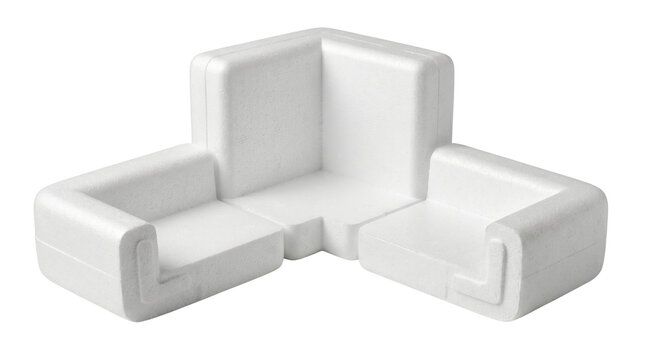 White protective styrofoam corner pieces joined together to form a square shape against white background