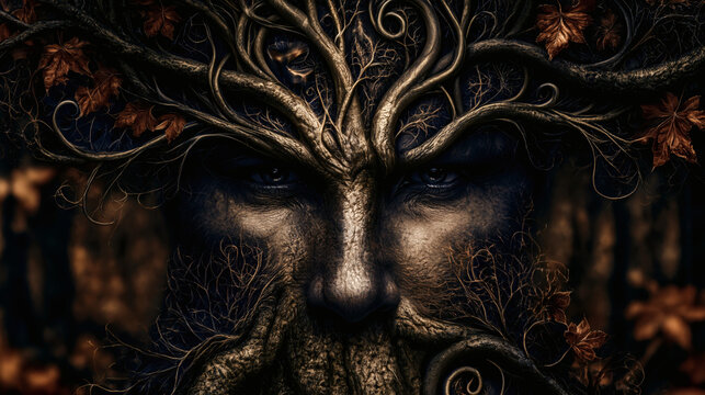Tree Spirit Face with Roots and Autumn Leaves