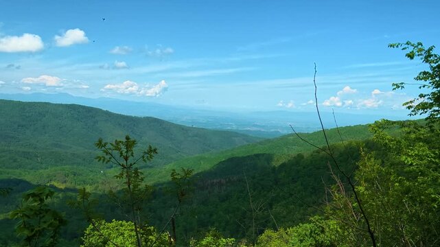 Lush green hills roll into distant blue sky. Jastrebac Mountain, Serbia.