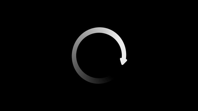 A simple white circular loading spinner with a gradient fill and an arrow indicating rotation is displayed against a stark black background, suggesting a process in progress or a waiting period for