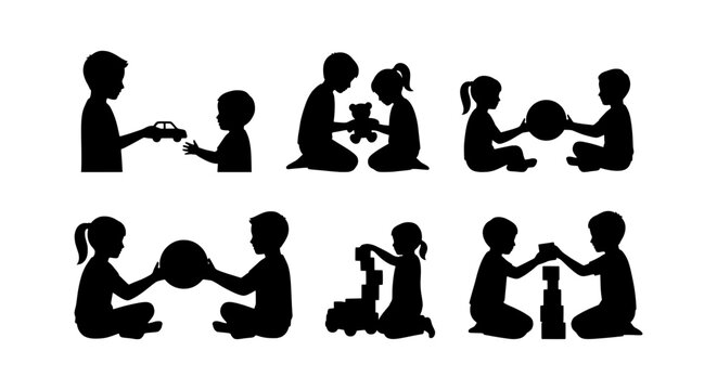 Children Playing Together, Silhouette Vector Icons: Boys and Girls Sharing Toys, Building Blocks, and Balls for Childhood Development and Playtime Concepts