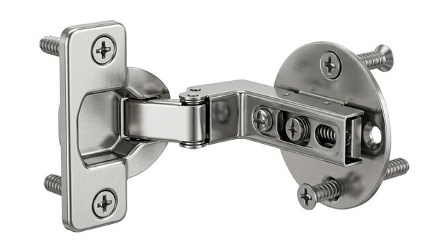 Shiny metal cabinet hinge with silver finish featuring industrial screws on a clean white isolated background
