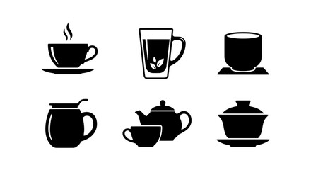 Obraz premium Black Tea and Coffee Cup Icons Set, Hot Beverage Drinkware Vector Graphics, Ceramic Mug and Teapot Collection for Cafe and Restaurant