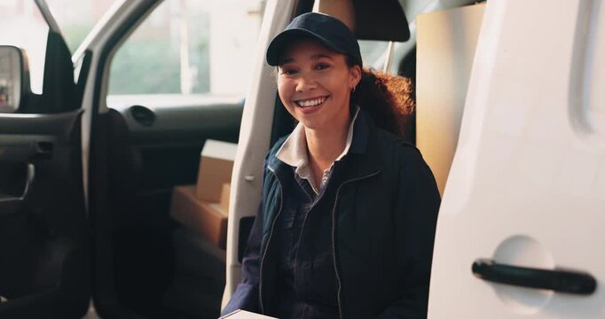Face, boxes and woman in delivery van with smile, logistics or distribution for b2c freight. Package, happy portrait and courier with transportation for supply chain, merchandise or order in vehicle