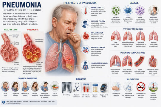 Pneumonia causes, symptoms, diagnosis and prevention medical infographic