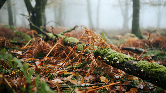 Close up of a mossy fallen log in a misty forest with dry brown ferns and autumn leaves scattered on the ground during a foggy day in woods