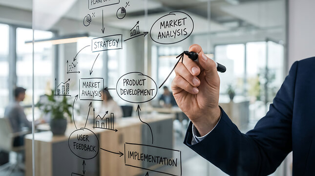 Business professional drawing a strategic workflow chart on a glass wall in an office.
