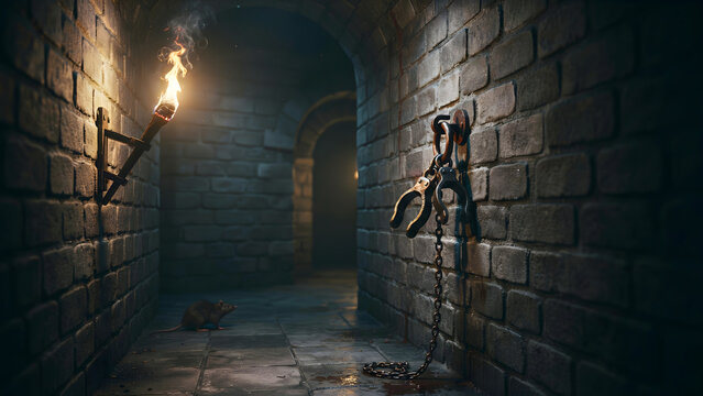 Dark dungeon corridor with a lit wall torch and metal shackles hanging on a brick wall in a gloomy, mysterious, and ancient stone setting