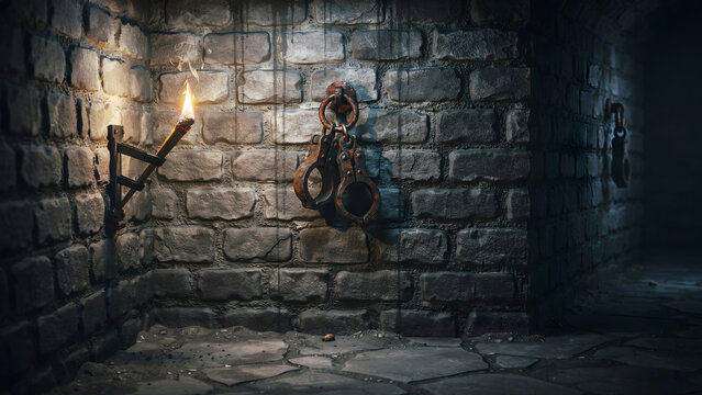 Dark dungeon hallway with a burning wall torch and iron shackles hanging on a textured brick wall in a gloomy and mysterious atmosphere
