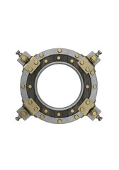 Fototapeta premium Industrial metal portal frame with gold bolts and gear components for sci-fi space design isolated on transparent background