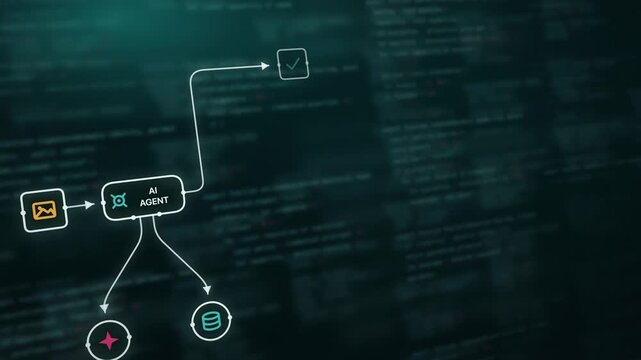 Dynamic AI Agent Workflow Clip Featuring Image Moderation with Teal and Soft Light Effects, Including Abstract Code Elements and Colorful Icons Reflecting a Futuristic Tech Environment
