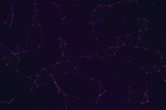 Abstract digital network visualization with interconnected glowing nodes and lines on a dark purple gradient background
