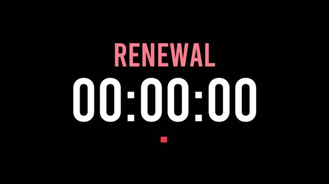 Renewal is about to happen soon. Upcoming renewal, approaching in the near future. Renewal almost here, in a short time - a countdown timer counting seconds the this event.