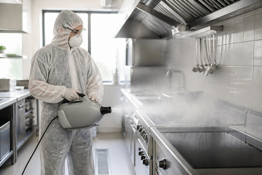 A person in a hazmat suit is using a fogger near a commercial kitchen range.