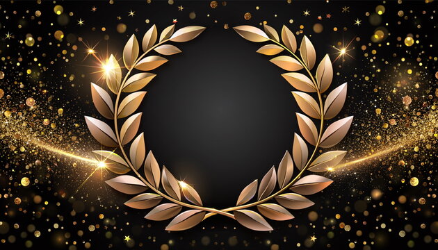Golden laurel frame on dark background with light particles 輝く光の粒子と金月桂冠の黒背景