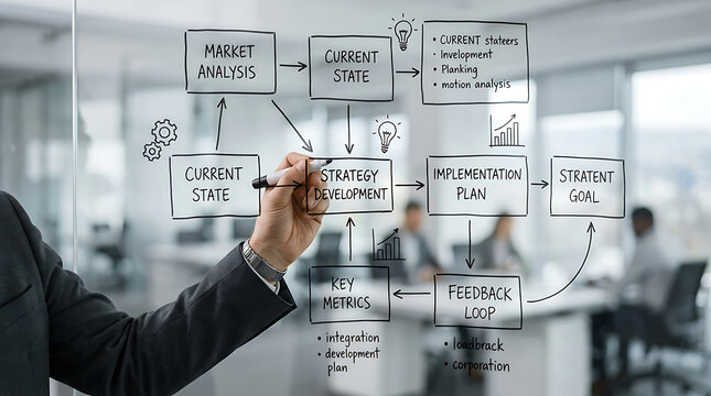 Professional businessman drawing a strategic business flowchart on a glass wall in modern office.