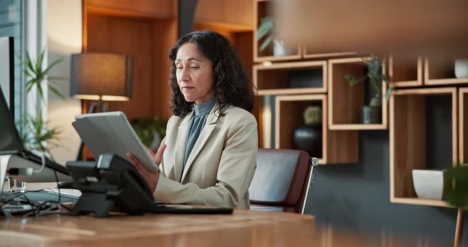 Employee, research and woman with tablet in office, scroll or financial planner with info on website. Corporate, wealth management and mature person with technology, online and planning for project