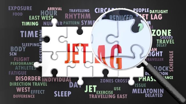 Jet Lag under magnifying glass, being researched, studied and examined. Most important subjects and ideas closely related to jet lag presented as a word cloud. Complexity of jet lag. Can be looped.