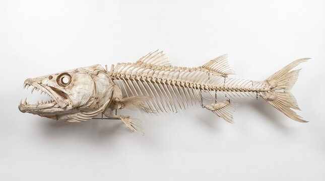 Complete fish skeleton with sharp teeth on white background, predatory fish bone structure, anatomical marine specimen for biology education