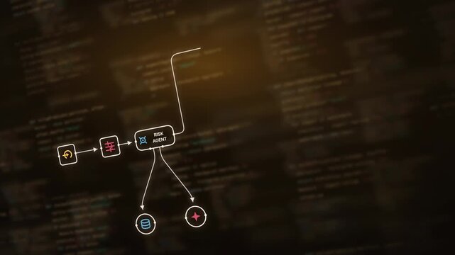 Dynamic AI Agent Workflow Animation Featuring a Dark Amber Background with Glowing Screen Elements and Colorful Icons Representing Fraud Review Processes