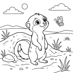 Obraz premium Cute meerkat sitting on rocky ground with butterfly isolated on white background