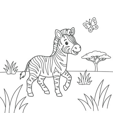 Smiling zebra standing in a grassy field with a butterfly isolated on white background