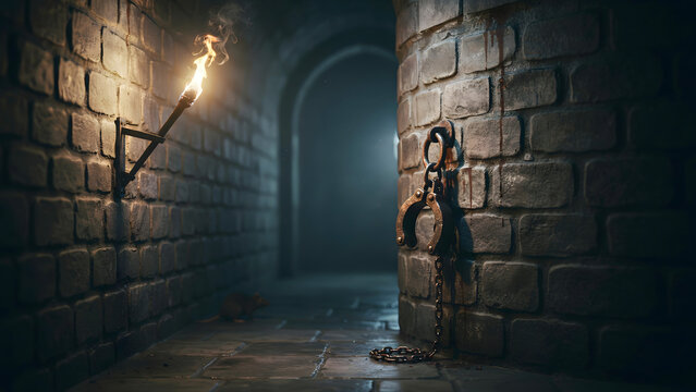 Old stone dungeon corridor with a lit wall torch and metal shackles hanging on a brick wall in a dark, mysterious, and gloomy atmosphere