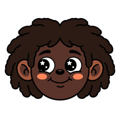Obraz premium Cute cartoon character head of a young Black boy with dreadlocks, star-filled eyes, and a sweet smiling expression on a clean white background