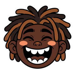 Happy young African American boy with dreadlocks laughing joyfully, cute cartoon character face illustration isolated on white background