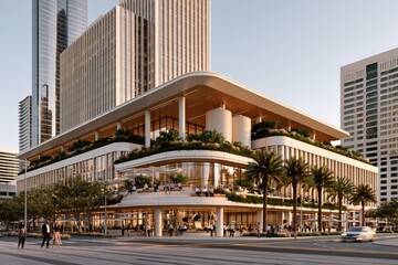 Obraz premium Modern sustainable commercial building architecture with green rooftop