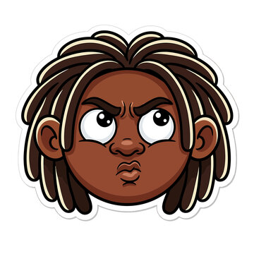 Cute cartoon sticker featuring an angry young boy with dreadlocks and funny expression, isolated vector illustration