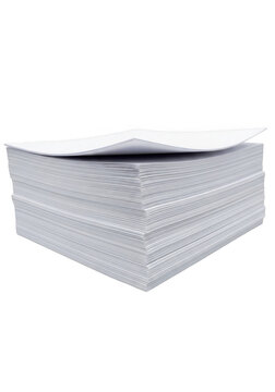 A tall stack of blank white paper sheets lying in a neat pile ready for printing and writing isolated on transparent background