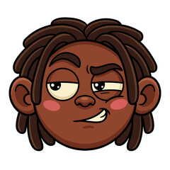 Vector illustration of a cartoon boy with dreadlocks and a sly, suspicious facial expression on white