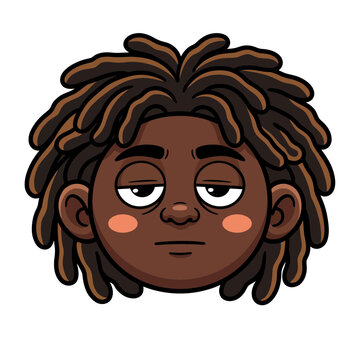 Cute cartoon illustration of a happy young Black boy with dreadlocks and large expressive eyes, vector avatar head isolated on white background