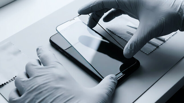 Applying screen protector to smartphone, close-up view